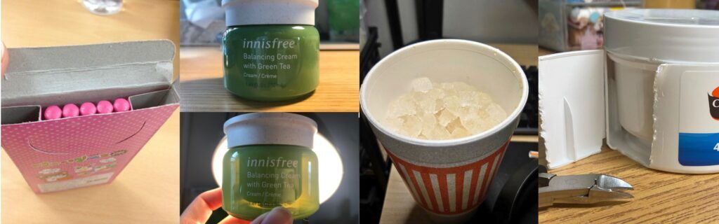 A collage of five images highlighting examples of misleading packaging. The first image shows a box of pencils, where the packaging gives the impression it contains more pencils than it actually does—using inserts to reduce the number inside. The second and third images depict a container that appears larger than the actual product inside. The fourth image features a cup filled mostly with ice, suggesting an inflated drink volume. The fifth image shows a white container with a blue label that was pried open to reveal a smaller container inside.