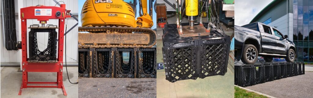 A collage of four images showcasing the strength testing of RootSpace soil cells. The first image displays a red hydraulic press applying pressure to a RootSpace soil cell. The second image features a JCB construction vehicle positioned atop several RootSpace soil cells, demonstrating their load-bearing capacity. The third image presents a close-up of a RootSpace soil cell undergoing pressure from a hydraulic press, emphasizing the structure and testing setup. The fourth image shows a black pickup truck parked on multiple RootSpace soil cells outside a modern building.